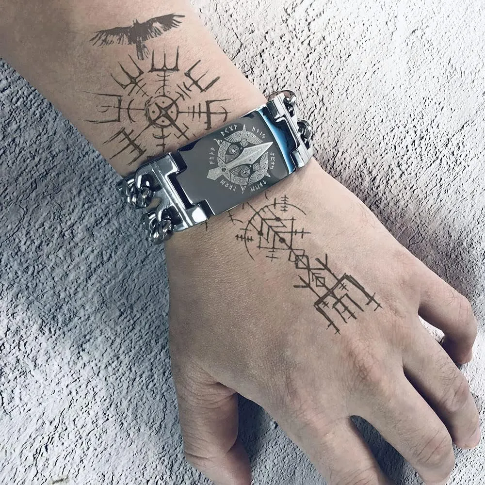 bahamut Mens Viking Odin Gungnir Stainless Steel Cool Cuban Chain Link Bracelet for Men,Norse Cuff Wristband Jewelry