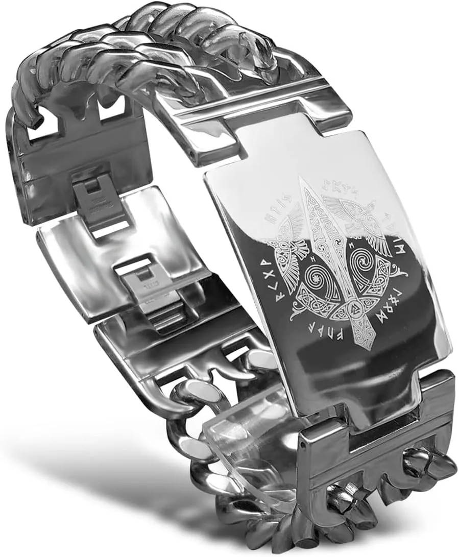 bahamut Mens Viking Odin Gungnir Stainless Steel Cool Cuban Chain Link Bracelet for Men,Norse Cuff Wristband Jewelry