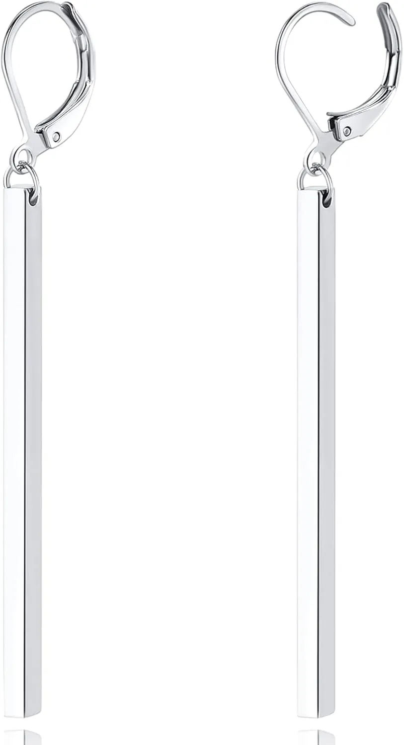 Bar Drop Earrings for Women - Hypoallergenic for Sensitive Skin 316L Stainless Steel Dangle Earrings with Hoop, Trendy Simple Unique Chic Fashion Accessory