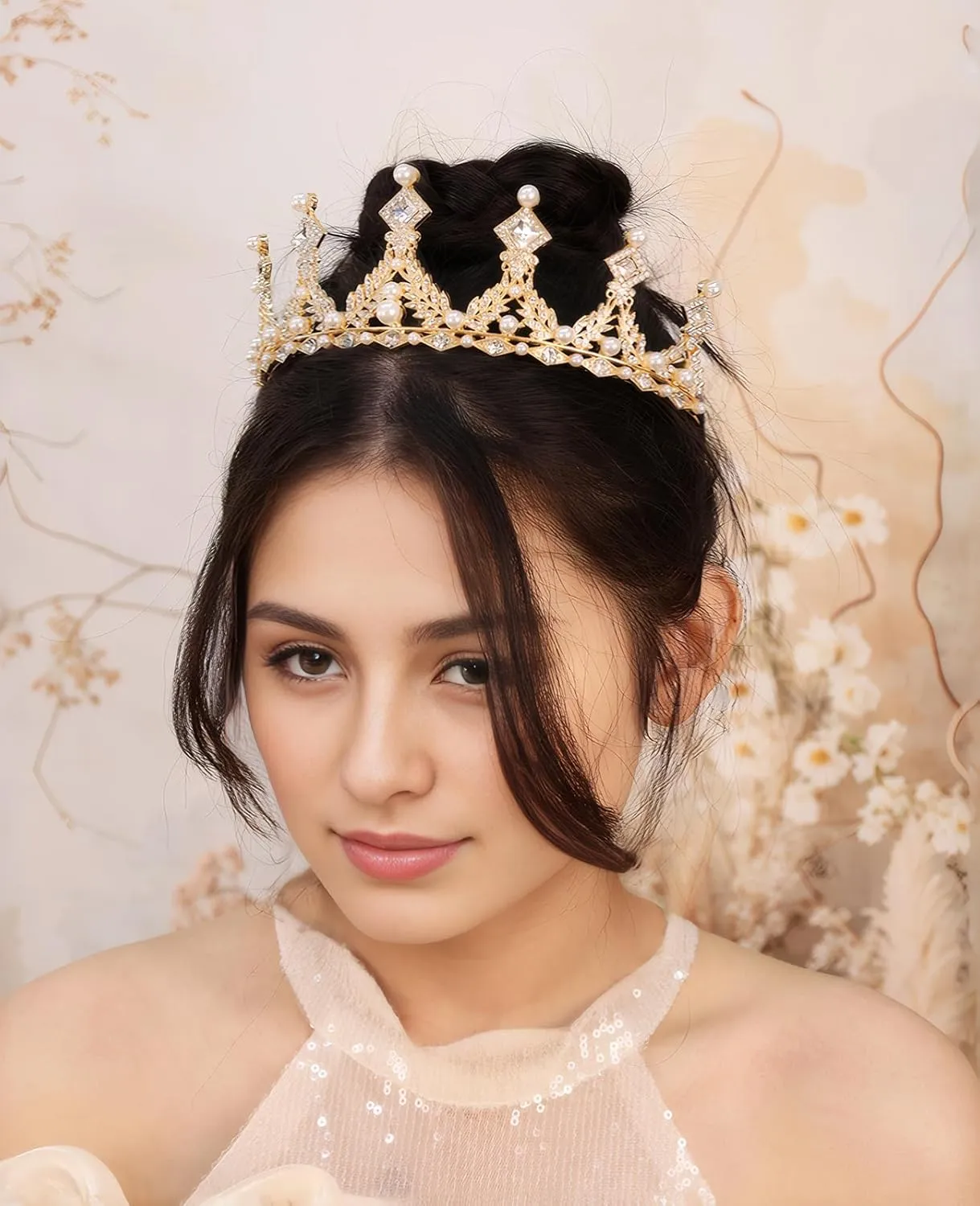 Baroque Pearl Crystal Tiara for Women Elegant Bridal Wedding Pearl Rhinestone Crown Queen Princess Costume Crown Crystal Headpiece Accessory for Cosplay Birthday Party