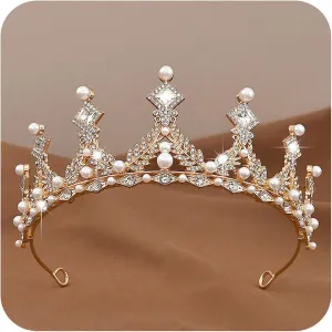 Baroque Pearl Crystal Tiara for Women Elegant Bridal Wedding Pearl Rhinestone Crown Queen Princess Costume Crown Crystal Headpiece Accessory for Cosplay Birthday Party