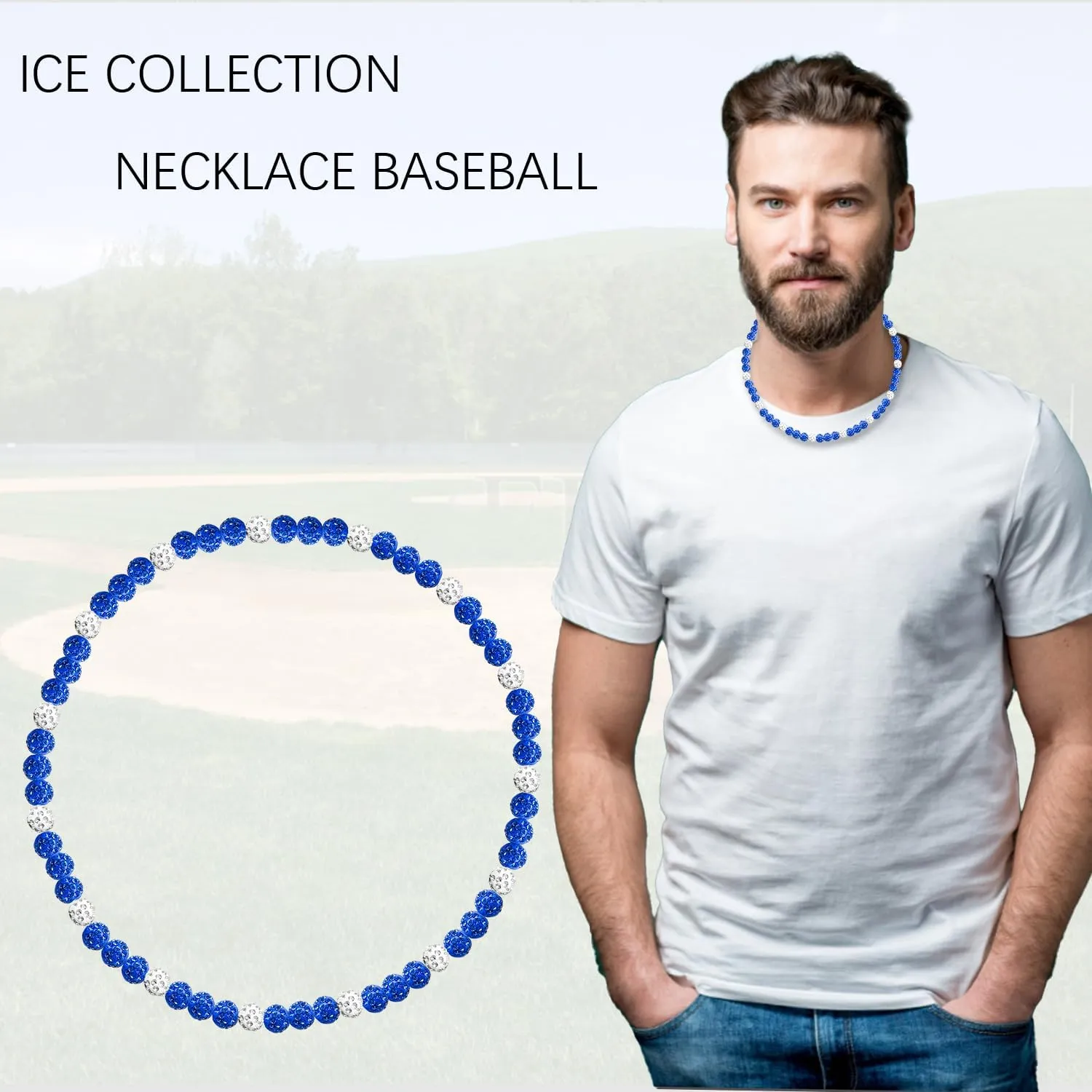 Baseball Beaded Chain Necklace 20 Inch Bling Ice Collection Necklace Adjustable Elastic Cord Glitter Rhinestone Ball Necklace Inspired Sports Jewelry Athlete Necklace for Men Boys