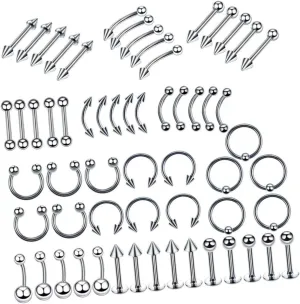 Beaupretty 120Pcs Body Piercing Jewelry Set Stainless Steel Tongue Eyebrow and Belly Button Rings Silver for and Art