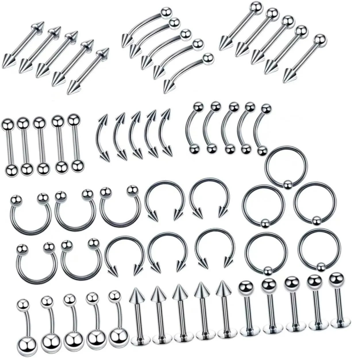 Beaupretty 120Pcs Body Piercing Jewelry Set Stainless Steel Tongue Eyebrow and Belly Button Rings Silver for and Art