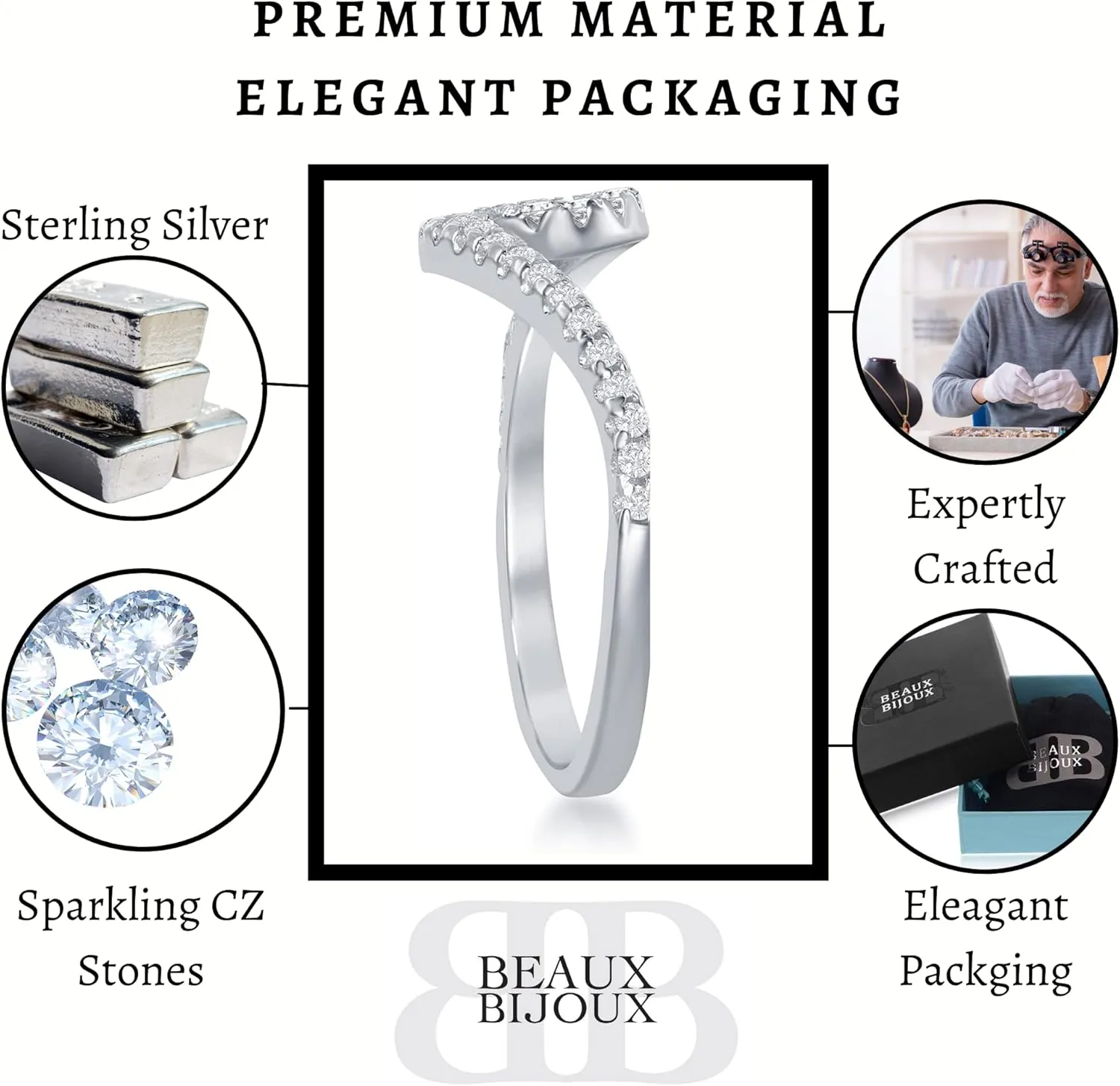 Beaux Bijoux Sterling Silver CZ Simulated Diamond Wave Ring | Silver Band Ring with Wave Design for Women