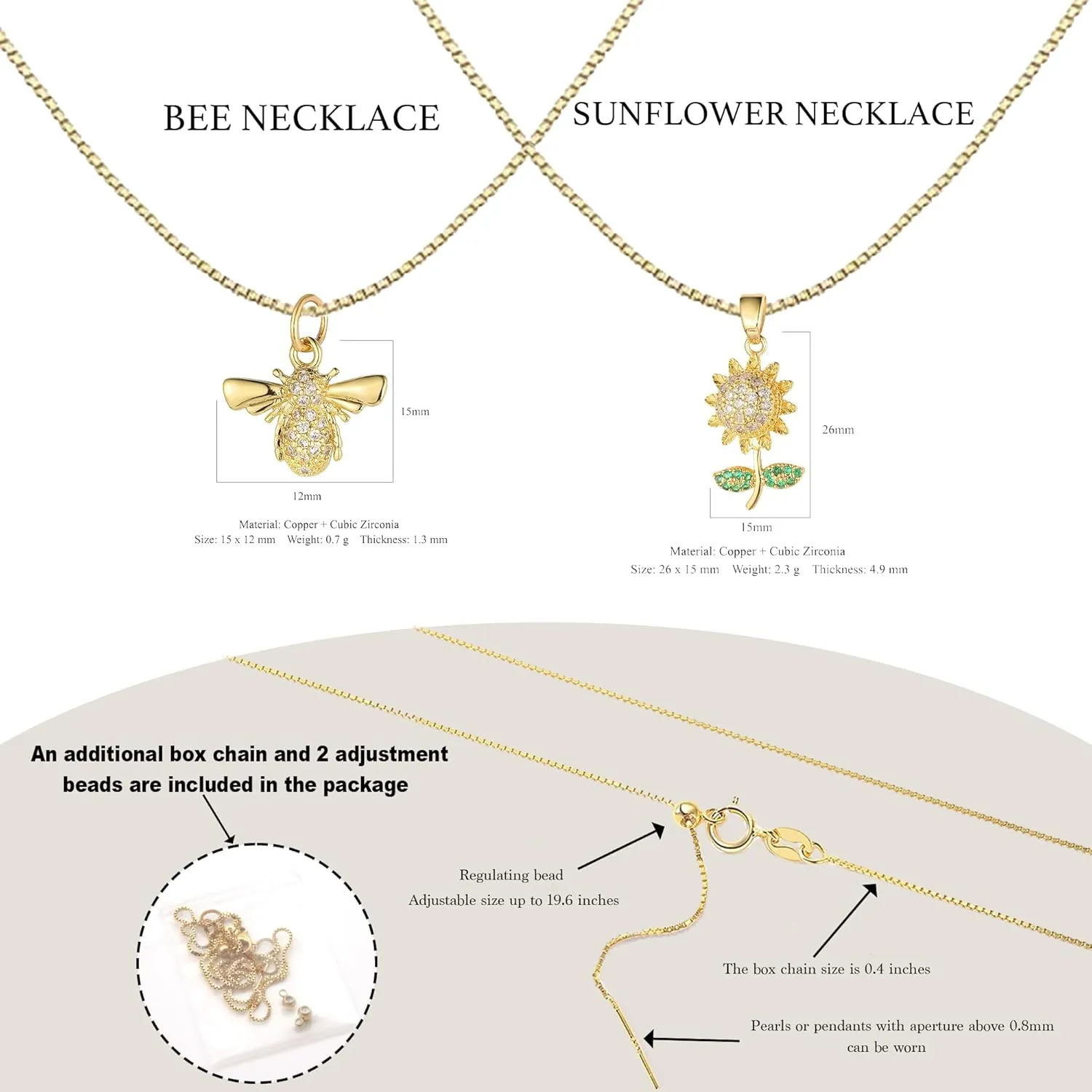 Bee & Sunflower Necklace - Double Pendant Necklace for Women 18k Gold Plated Bee Necklace Sunflower Necklace Dainty Gold Necklace for Women