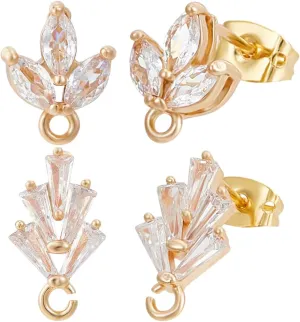 Beebeecraft 1 Box 12Pcs 2 Styles Flower Stud Earring Findings 18K Gold Plated Cubic Zirconia Crystal Blossom Leaf Earrings Studs with Dangle Loop and Ear Nuts for Jewellery Earring Making Findings