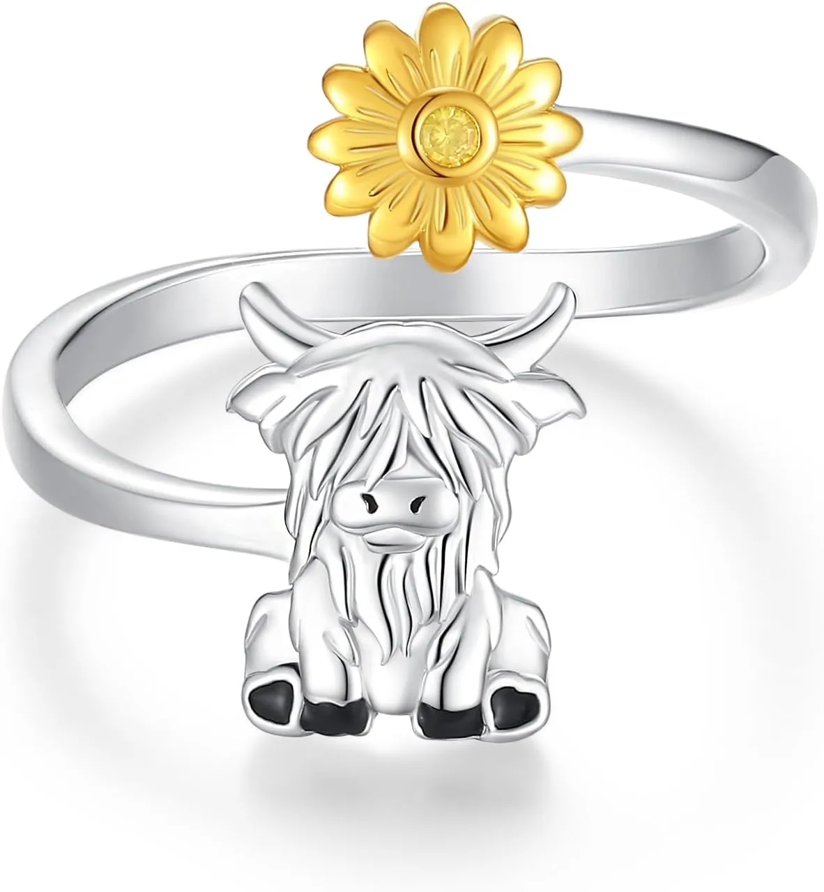 BEILIN Highland Cow Rings 925 Sterling Silver Adjustable Cute Cow Finger Ring Sunflower Cow Jewelry Gifts for Women