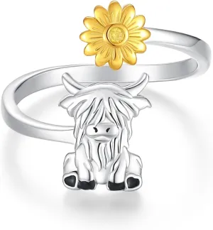 BEILIN Highland Cow Rings 925 Sterling Silver Adjustable Cute Cow Finger Ring Sunflower Cow Jewelry Gifts for Women