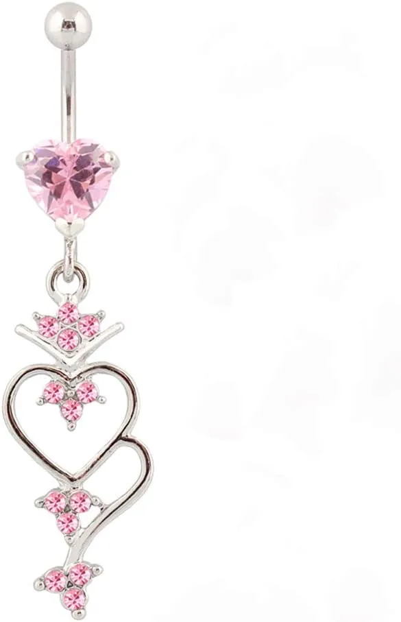 Belly Button Rings for Women Stainless Steel 14G Pink Hearts Dangle Long Belly Rings Body Piercing Jewelry Navel Rings