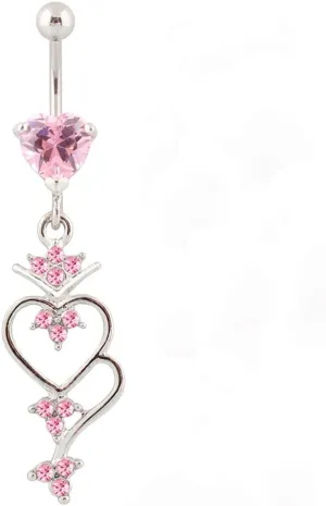 Belly Button Rings for Women Stainless Steel 14G Pink Hearts Dangle Long Belly Rings Body Piercing Jewelry Navel Rings