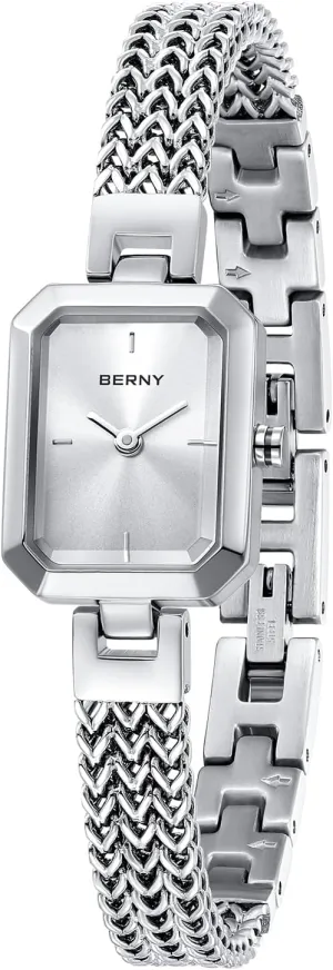 BERNY Silver Watches for Women Easy Resize Ladies Bracelet Watch All Stainless Steel Luxury Fashion Small Square Wristwatch Waterproof Detachable Band