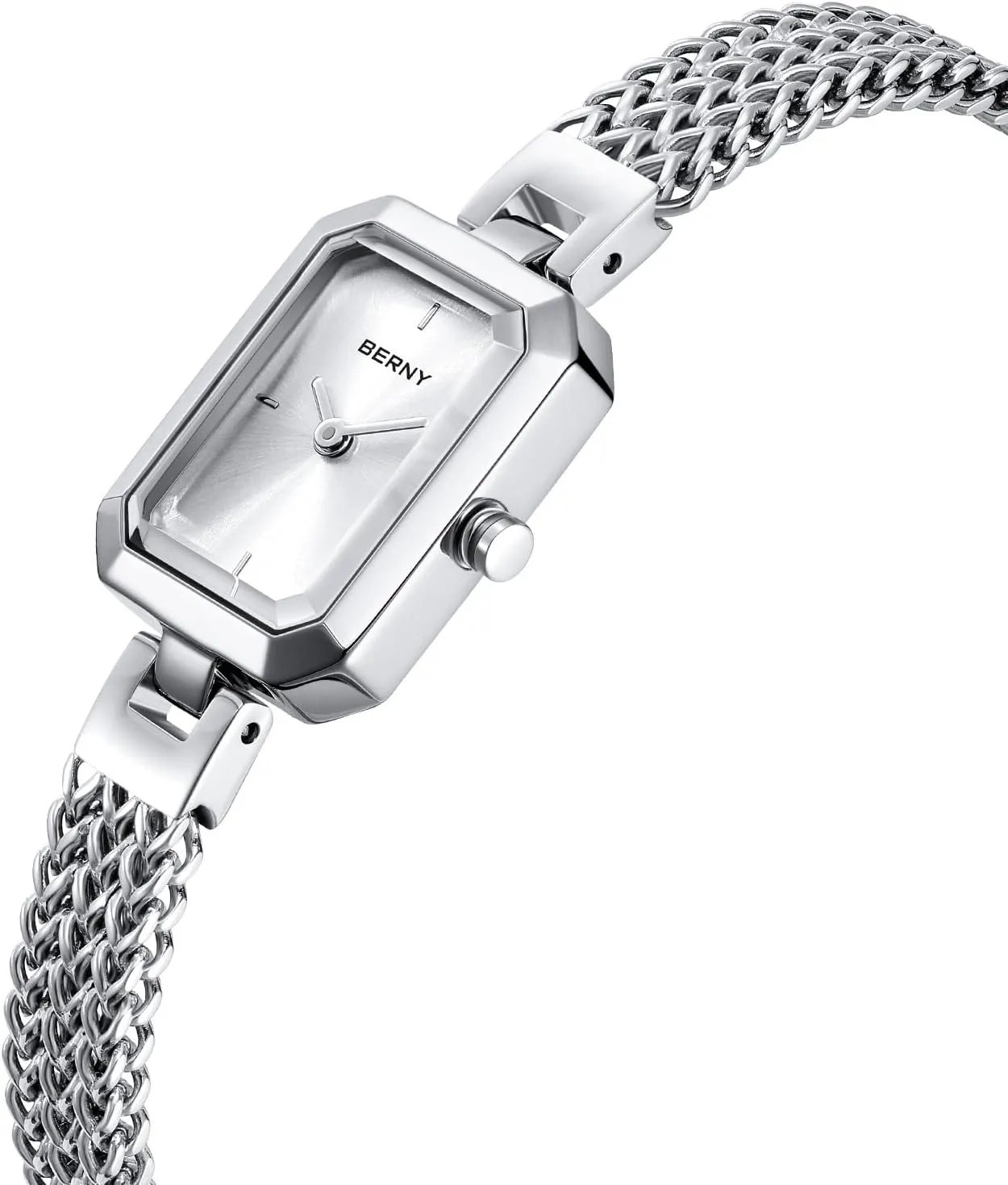 BERNY Silver Watches for Women Easy Resize Ladies Bracelet Watch All Stainless Steel Luxury Fashion Small Square Wristwatch Waterproof Detachable Band