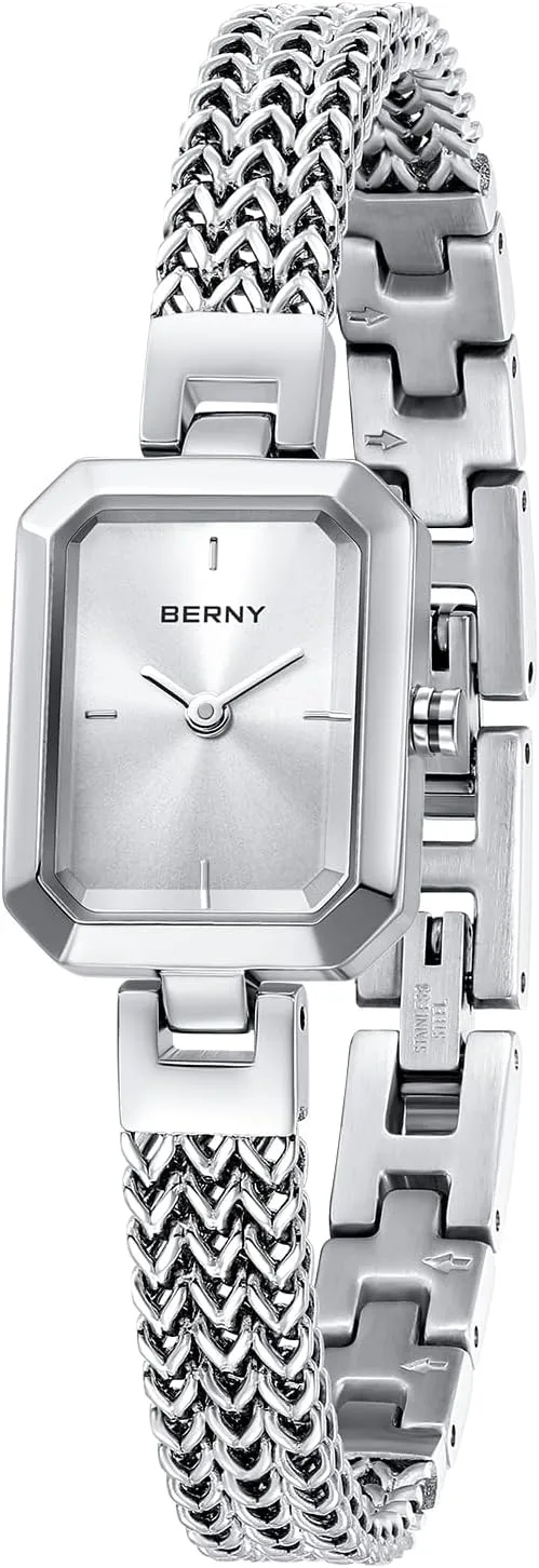 BERNY Silver Watches for Women Easy Resize Ladies Bracelet Watch All Stainless Steel Luxury Fashion Small Square Wristwatch Waterproof Detachable Band