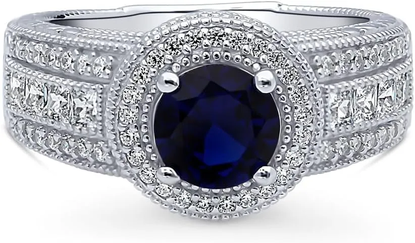 BERRICLE Sterling Silver Halo Wedding Engagement Rings Simulated Blue Sapphire Round Cut Cubic Zirconia CZ Statement Milgrain Cocktail Ring for Unisex, Rhodium Plated Size 4-10