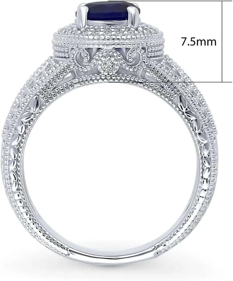 BERRICLE Sterling Silver Halo Wedding Engagement Rings Simulated Blue Sapphire Round Cut Cubic Zirconia CZ Statement Milgrain Cocktail Ring for Unisex, Rhodium Plated Size 4-10