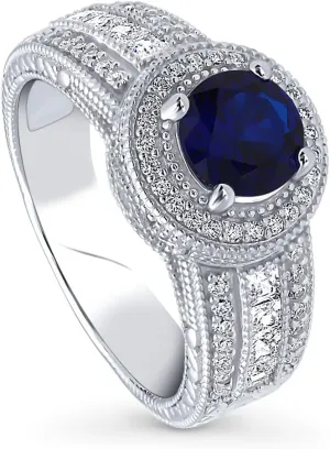 BERRICLE Sterling Silver Halo Wedding Engagement Rings Simulated Blue Sapphire Round Cut Cubic Zirconia CZ Statement Milgrain Cocktail Ring for Unisex, Rhodium Plated Size 4-10