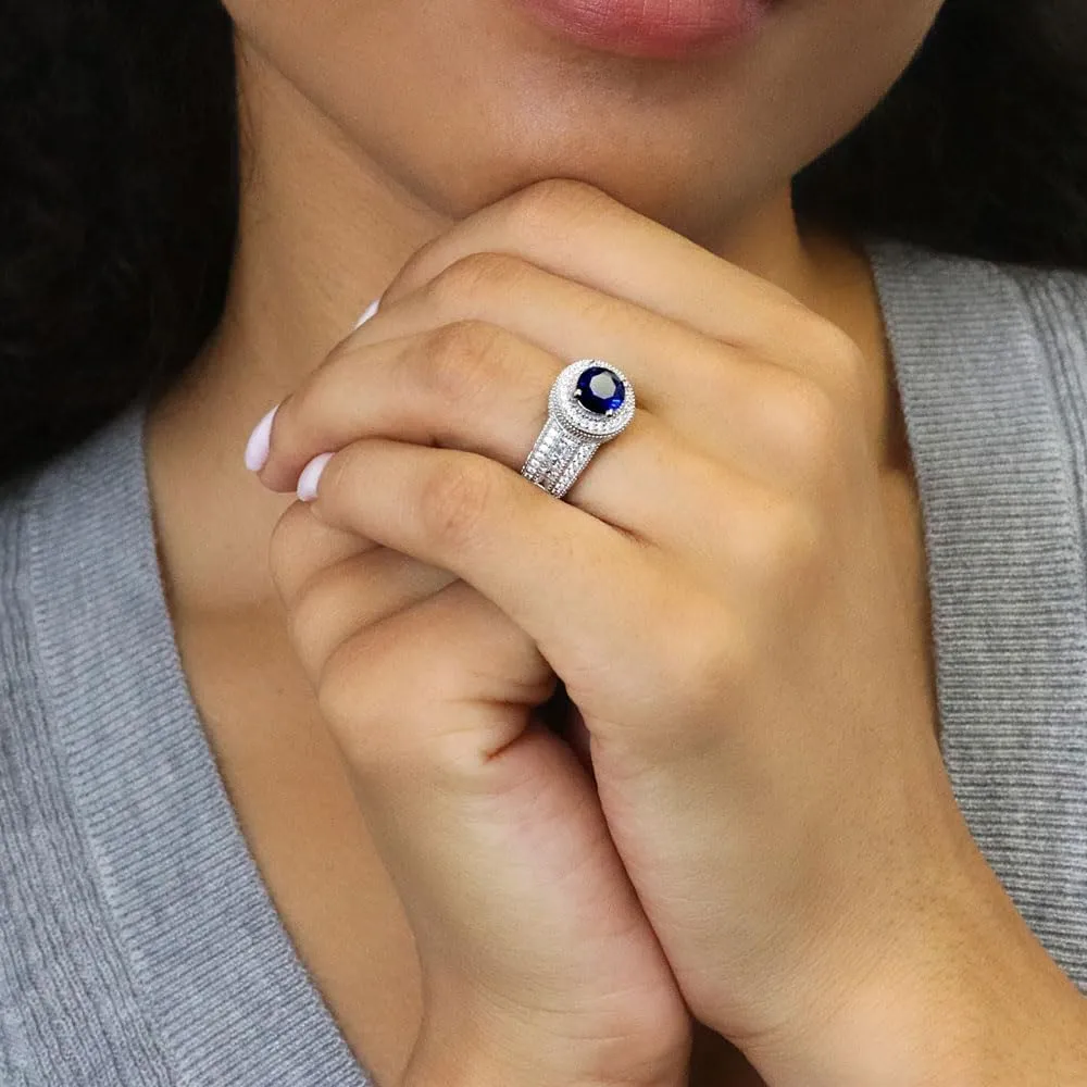 BERRICLE Sterling Silver Halo Wedding Engagement Rings Simulated Blue Sapphire Round Cut Cubic Zirconia CZ Statement Milgrain Cocktail Ring for Unisex, Rhodium Plated Size 4-10