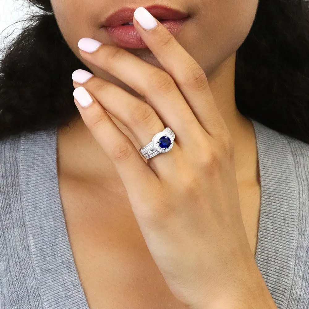 BERRICLE Sterling Silver Halo Wedding Engagement Rings Simulated Blue Sapphire Round Cut Cubic Zirconia CZ Statement Milgrain Cocktail Ring for Unisex, Rhodium Plated Size 4-10