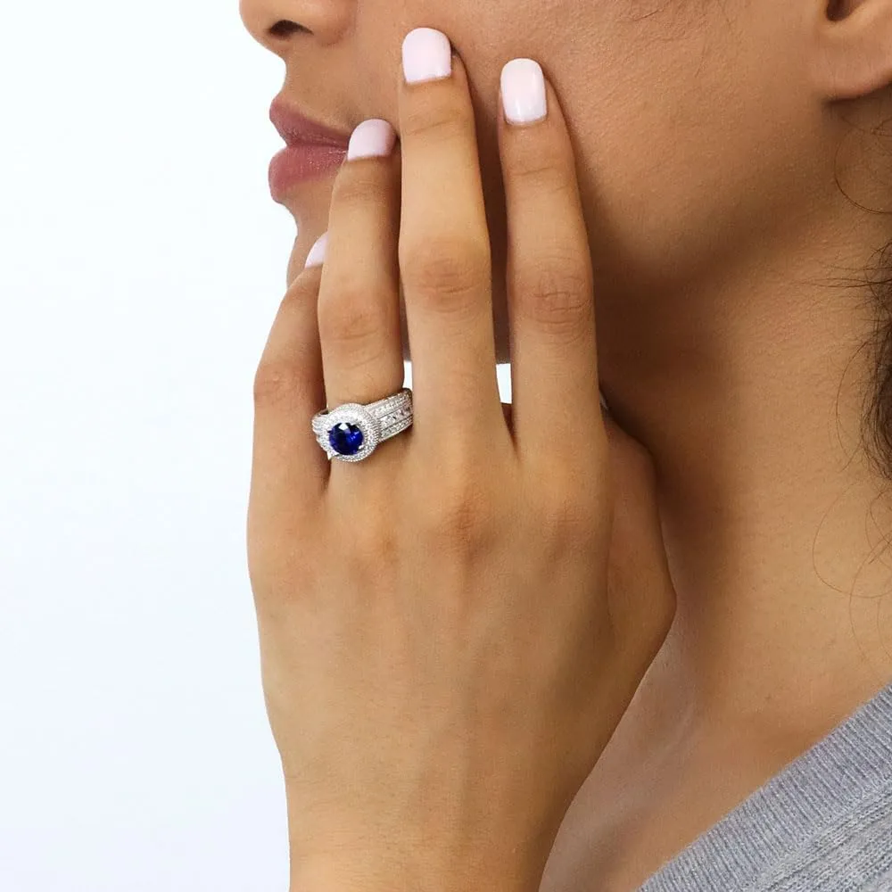 BERRICLE Sterling Silver Halo Wedding Engagement Rings Simulated Blue Sapphire Round Cut Cubic Zirconia CZ Statement Milgrain Cocktail Ring for Unisex, Rhodium Plated Size 4-10