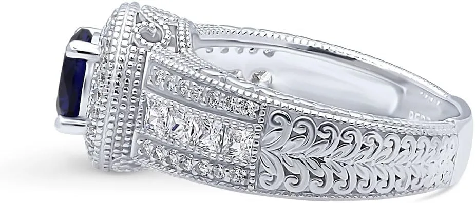 BERRICLE Sterling Silver Halo Wedding Engagement Rings Simulated Blue Sapphire Round Cut Cubic Zirconia CZ Statement Milgrain Cocktail Ring for Unisex, Rhodium Plated Size 4-10