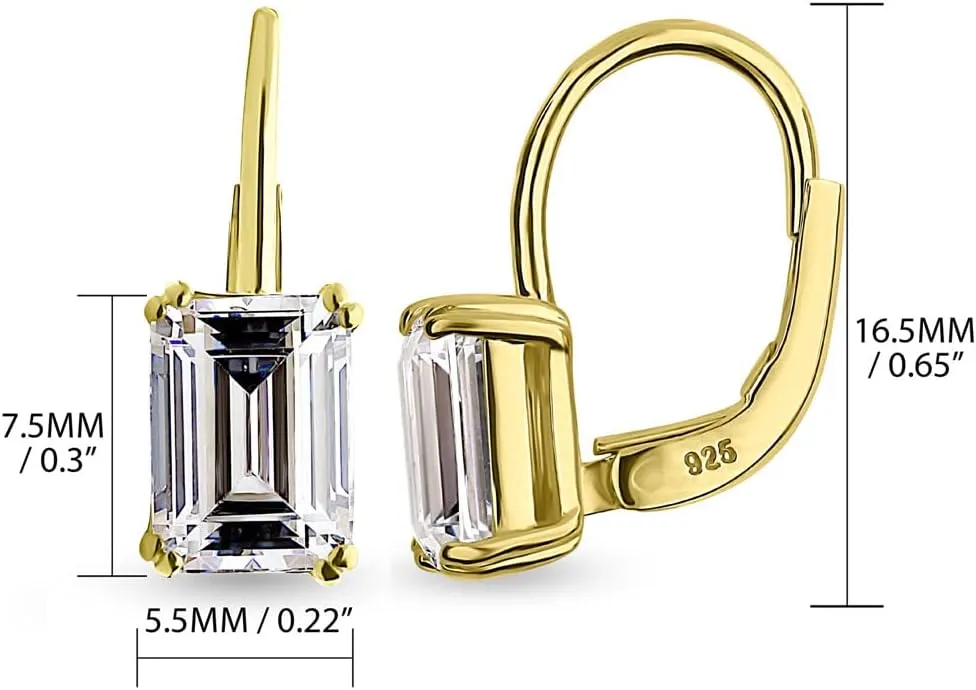 BERRICLE Sterling Silver Solitaire 2.4 Carat Emerald Cut Cubic Zirconia CZ Anniversary Leverback Dangle Drop Earrings for Women (Yellow Gold Flashed, Rhodium Plated)