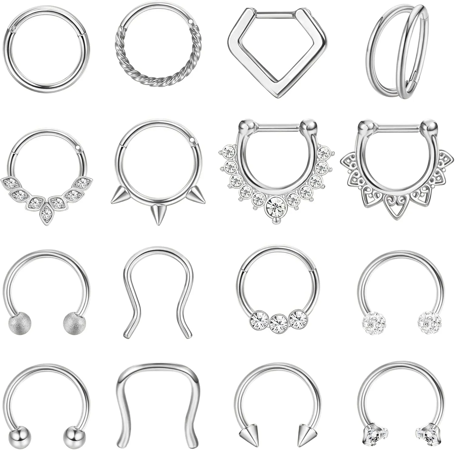 Besteel Hypoallergenic Septum Rings 16G 8mm Surgical Steel Clicker Nose Rings Hoops Set Small Lip Cartilage Helix Daith Piercing Jewelry for Women Men 16 Pcs Gold Silver Black