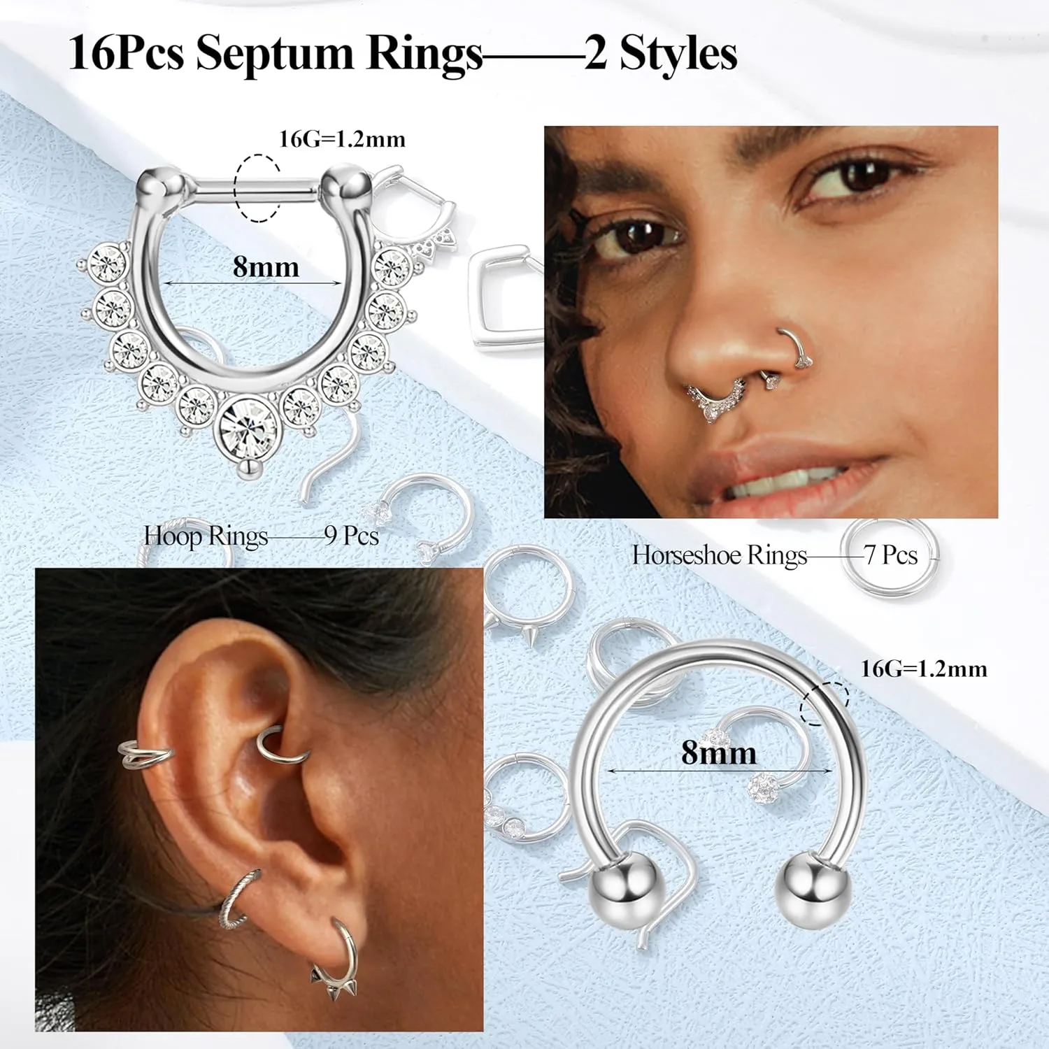 Besteel Hypoallergenic Septum Rings 16G 8mm Surgical Steel Clicker Nose Rings Hoops Set Small Lip Cartilage Helix Daith Piercing Jewelry for Women Men 16 Pcs Gold Silver Black