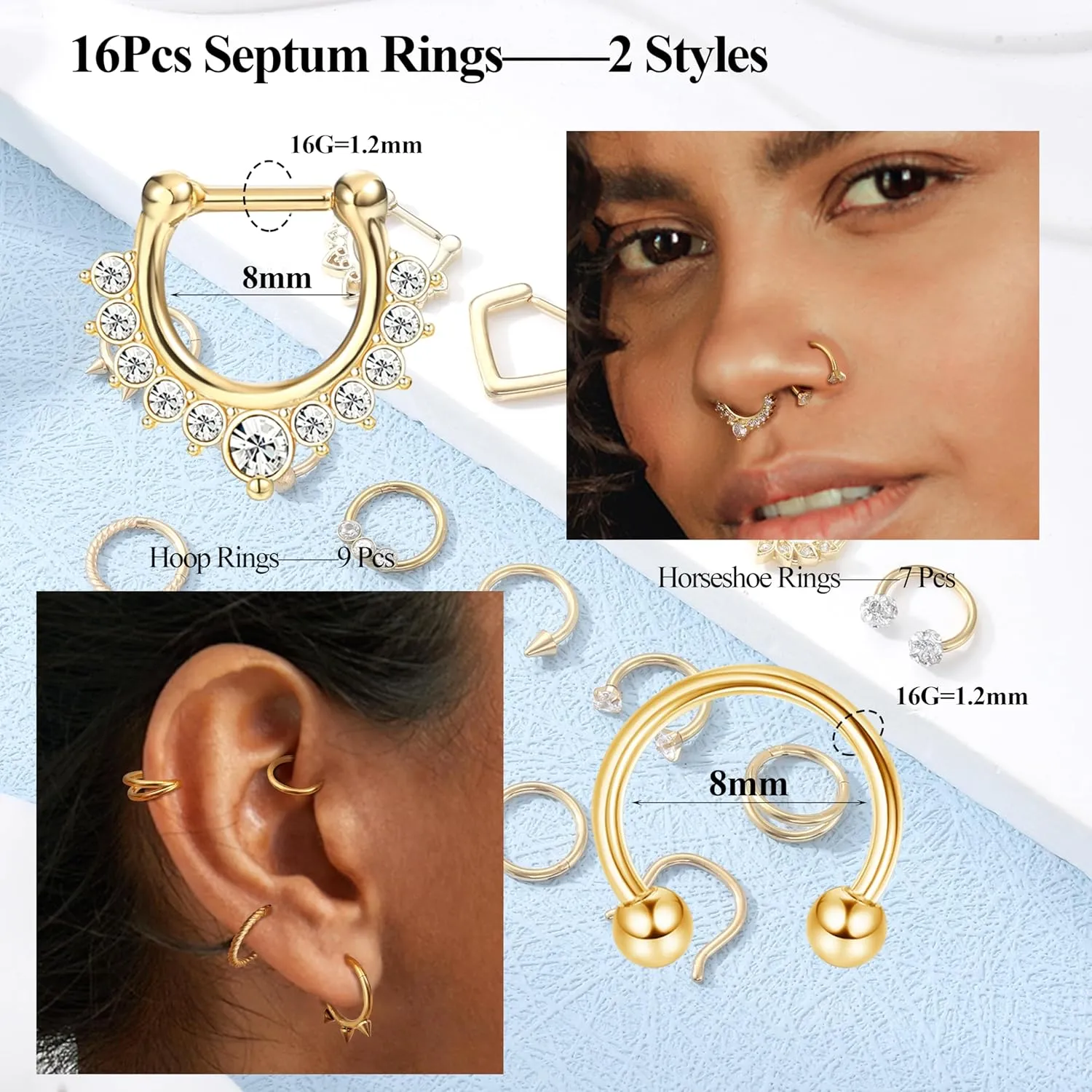 Besteel Hypoallergenic Septum Rings 16G 8mm Surgical Steel Clicker Nose Rings Hoops Set Small Lip Cartilage Helix Daith Piercing Jewelry for Women Men 16 Pcs Gold Silver Black