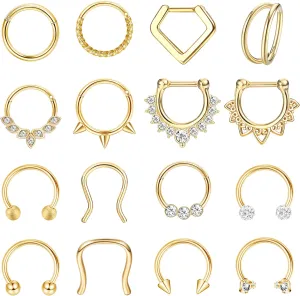 Besteel Hypoallergenic Septum Rings 16G 8mm Surgical Steel Clicker Nose Rings Hoops Set Small Lip Cartilage Helix Daith Piercing Jewelry for Women Men 16 Pcs Gold Silver Black