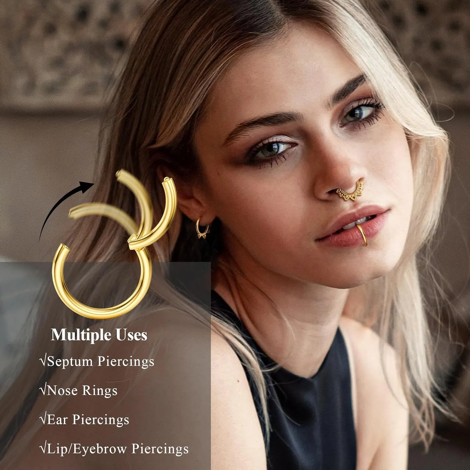Besteel Hypoallergenic Septum Rings 16G 8mm Surgical Steel Clicker Nose Rings Hoops Set Small Lip Cartilage Helix Daith Piercing Jewelry for Women Men 16 Pcs Gold Silver Black