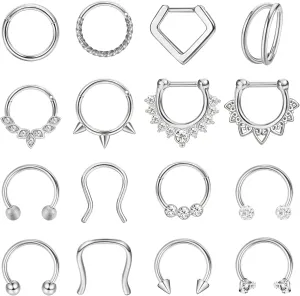 Besteel Hypoallergenic Septum Rings 16G 8mm Surgical Steel Clicker Nose Rings Hoops Set Small Lip Cartilage Helix Daith Piercing Jewelry for Women Men 16 Pcs Gold Silver Black