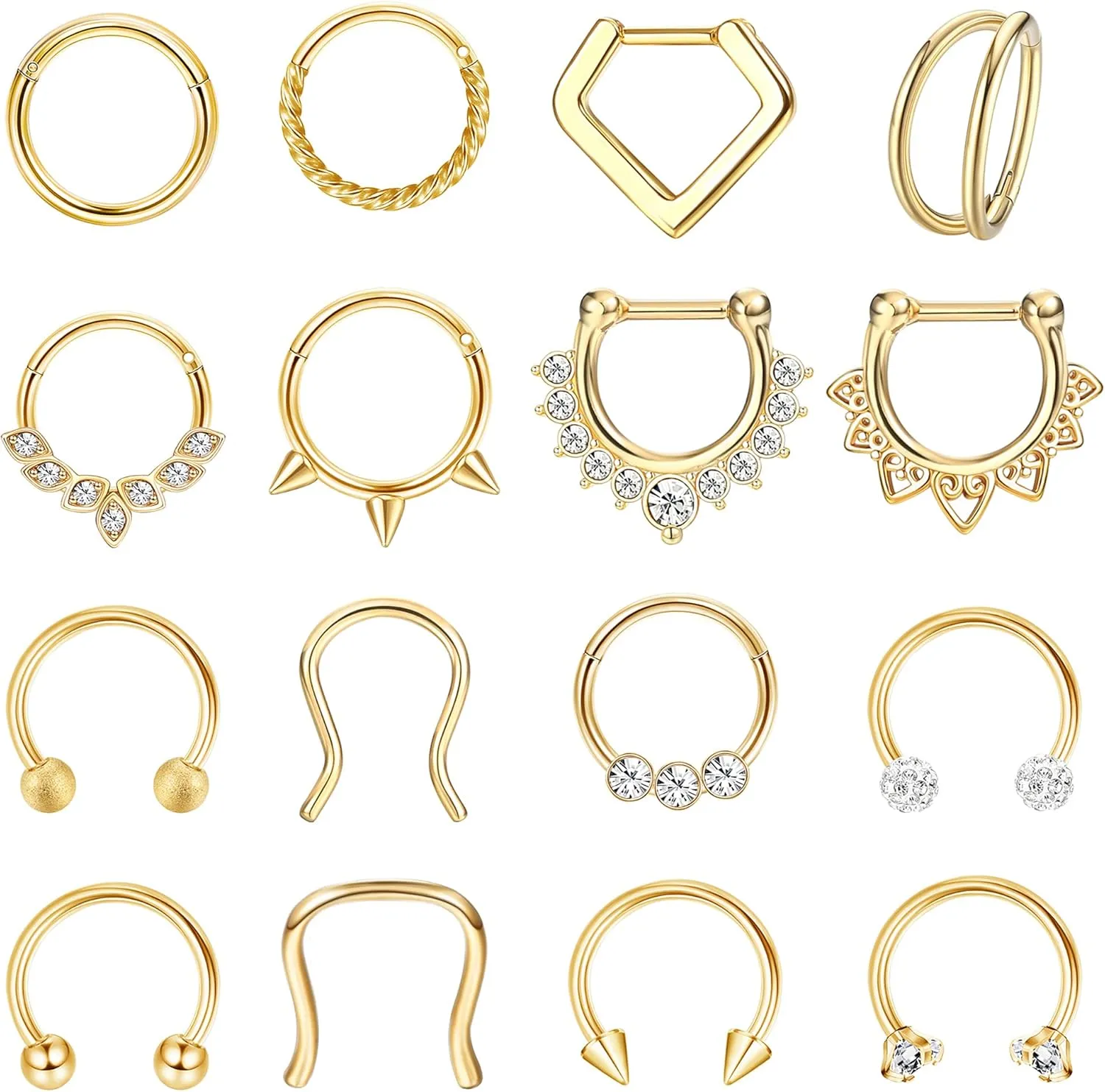 Besteel Hypoallergenic Septum Rings 16G 8mm Surgical Steel Clicker Nose Rings Hoops Set Small Lip Cartilage Helix Daith Piercing Jewelry for Women Men 16 Pcs Gold Silver Black