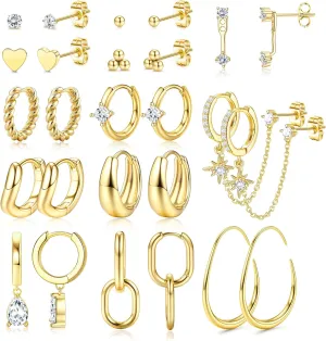 BESTEEL Small Gold Hoop Earrings for Women - Hypoallergenic 14K Gold Plated Stud Huggie Earings Stacks Set for Multiple Piercing Dainty Non Tarnish Cartilage Jewelry Pack Trendy Lightweight Gift 13 Pairs