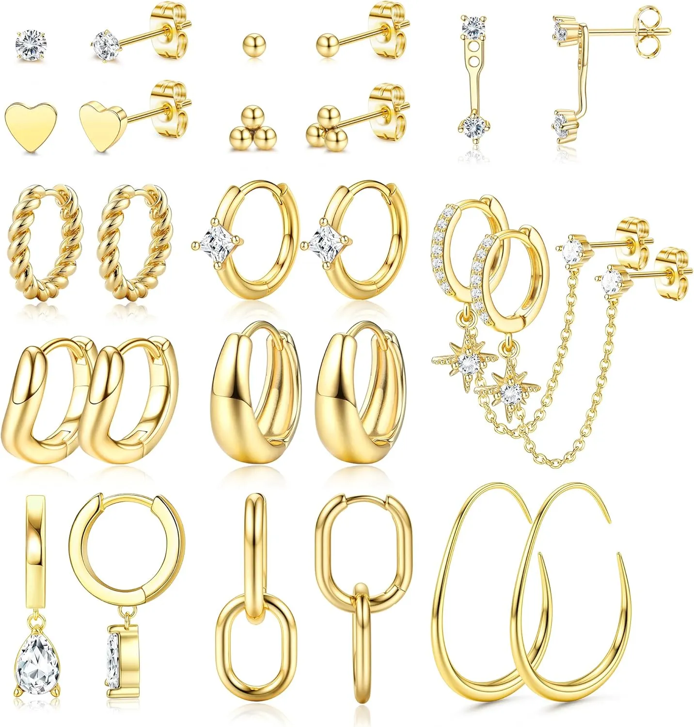 BESTEEL Small Gold Hoop Earrings for Women - Hypoallergenic 14K Gold Plated Stud Huggie Earings Stacks Set for Multiple Piercing Dainty Non Tarnish Cartilage Jewelry Pack Trendy Lightweight Gift 13 Pairs