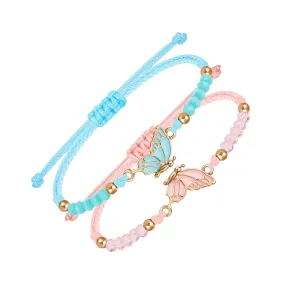 BFF Bracelets for 2-Butterfly Matching Friendship Braided Bracelets Handmade Charm Adjustable Strand Best Friends Bracelet Jewelry Gifts (Blue & Pink)