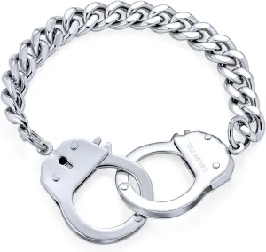 Biker Jewelry Interlocking Handcuff Bracelet for Men with Padlock Curb Chain Black IP Silver Tone Stainless Steel 8,8.5 Inch