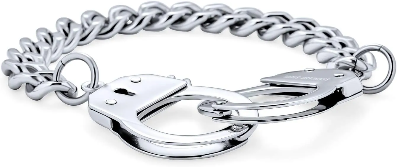 Biker Jewelry Interlocking Handcuff Bracelet for Men with Padlock Curb Chain Black IP Silver Tone Stainless Steel 8,8.5 Inch