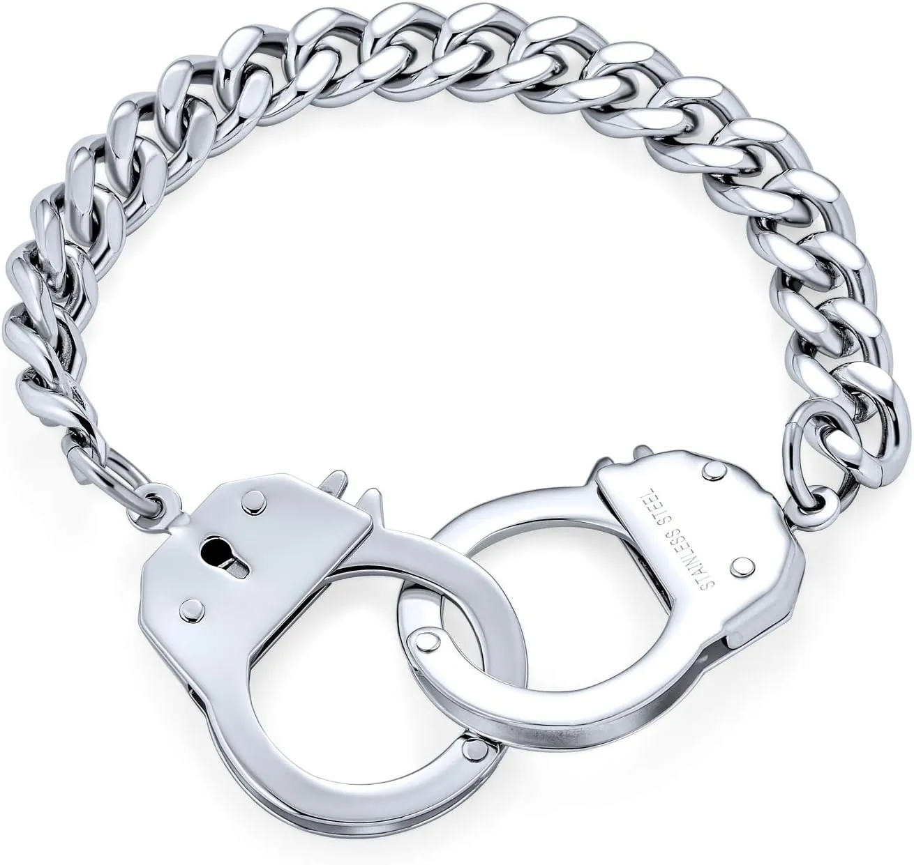 Biker Jewelry Interlocking Handcuff Bracelet for Men with Padlock Curb Chain Black IP Silver Tone Stainless Steel 8,8.5 Inch
