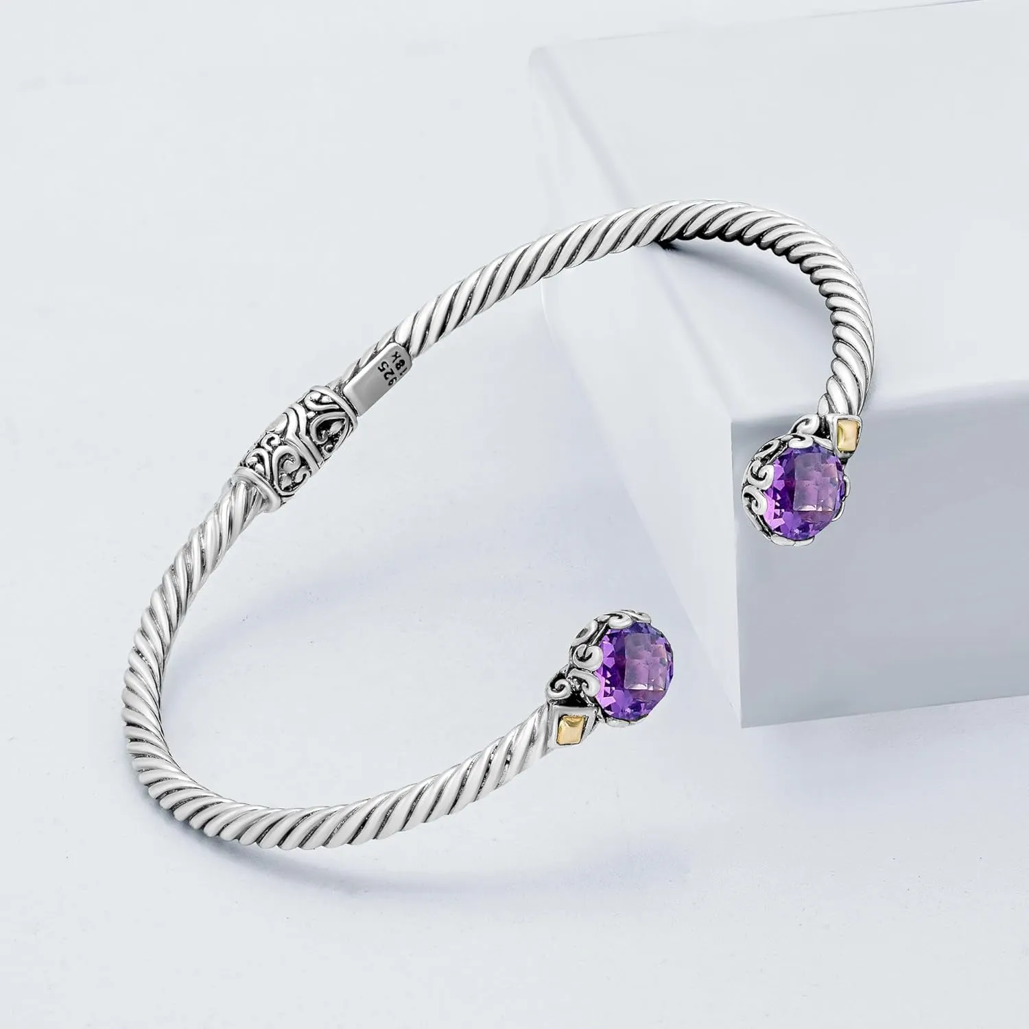 Birthstone Bangle For Women, 925 Sterling Silver 7mm Round Natural Gemstone, One Size Twisted Cable, Wedding & Mother's Day Gift