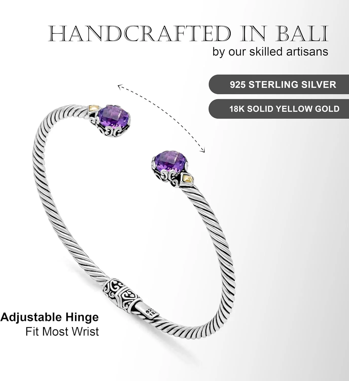 Birthstone Bangle For Women, 925 Sterling Silver 7mm Round Natural Gemstone, One Size Twisted Cable, Wedding & Mother's Day Gift