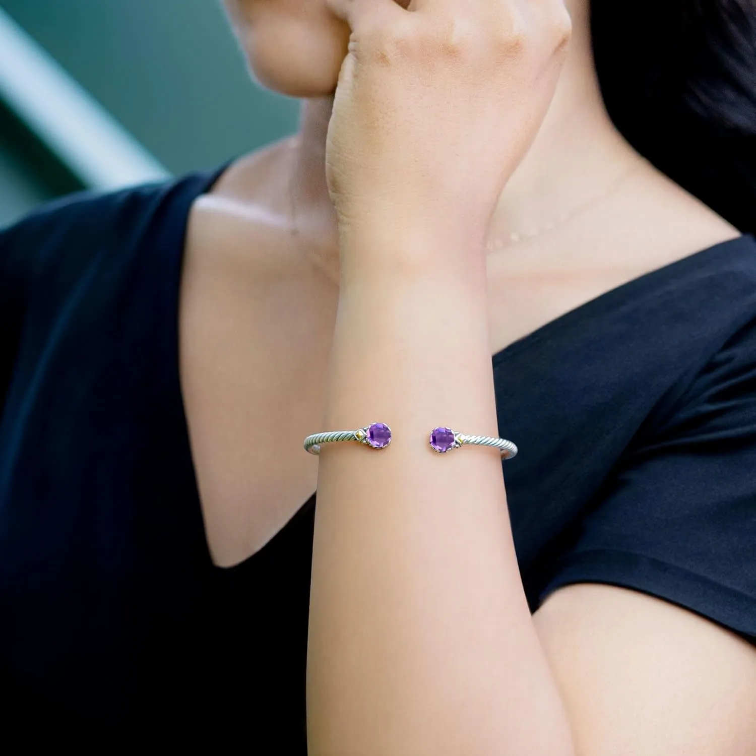 Birthstone Bangle For Women, 925 Sterling Silver 7mm Round Natural Gemstone, One Size Twisted Cable, Wedding & Mother's Day Gift