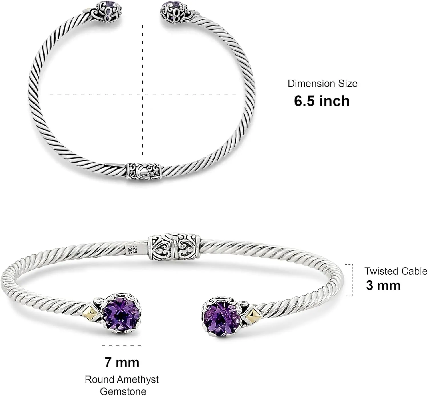 Birthstone Bangle For Women, 925 Sterling Silver 7mm Round Natural Gemstone, One Size Twisted Cable, Wedding & Mother's Day Gift