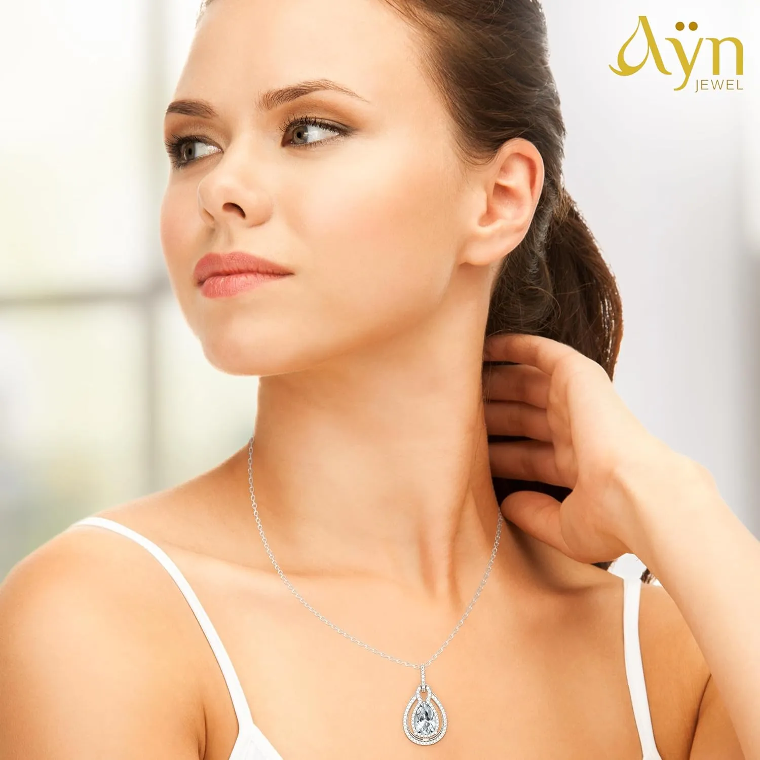 Birthstone Necklace For Women  Platinum Plated 925 Sterling Silver Teardrop Birthstones Pendants Necklaces, Womens Birth Stone Tarnish Free Jewelry, Gemstone Gift For Wife Mother Her