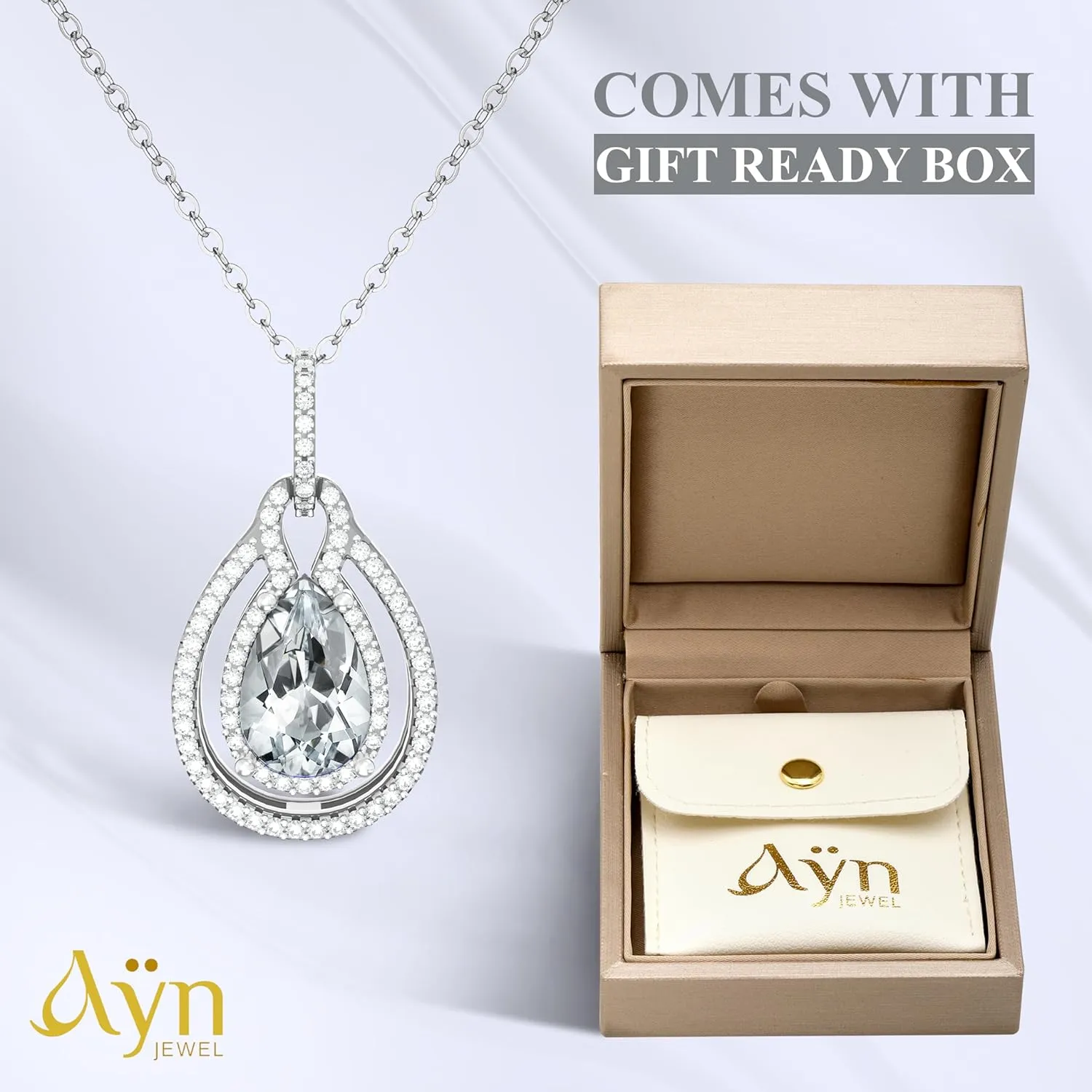 Birthstone Necklace For Women  Platinum Plated 925 Sterling Silver Teardrop Birthstones Pendants Necklaces, Womens Birth Stone Tarnish Free Jewelry, Gemstone Gift For Wife Mother Her