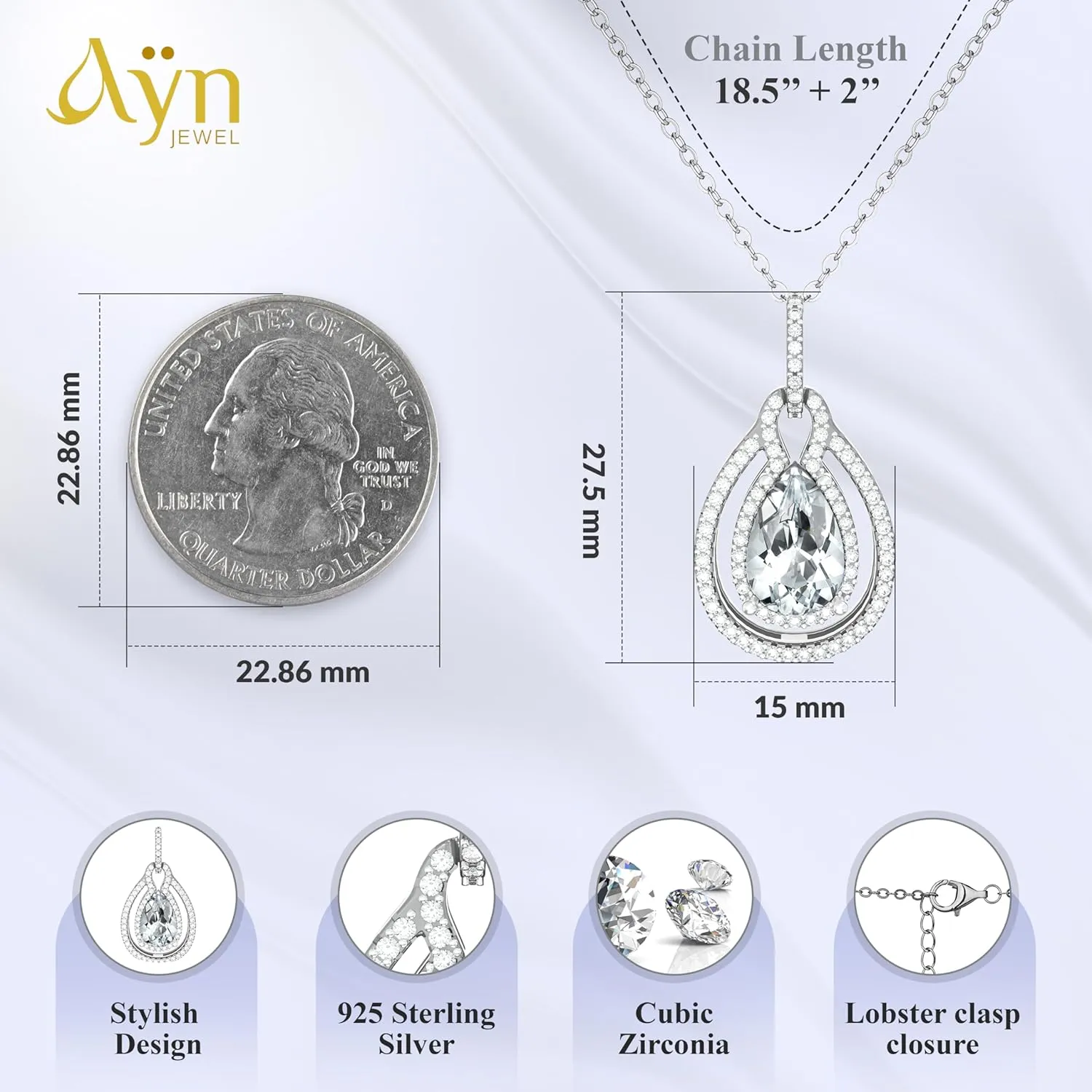 Birthstone Necklace For Women  Platinum Plated 925 Sterling Silver Teardrop Birthstones Pendants Necklaces, Womens Birth Stone Tarnish Free Jewelry, Gemstone Gift For Wife Mother Her