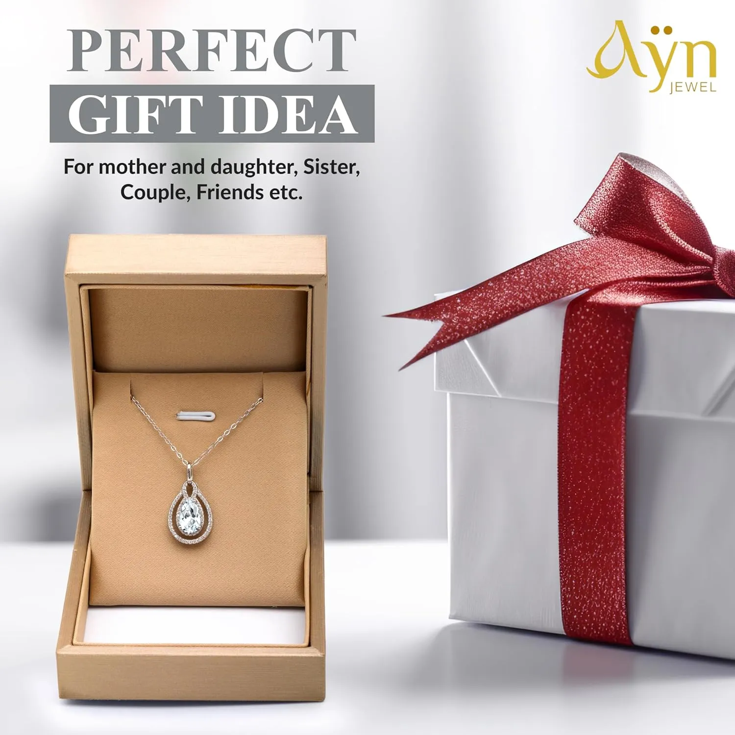 Birthstone Necklace For Women  Platinum Plated 925 Sterling Silver Teardrop Birthstones Pendants Necklaces, Womens Birth Stone Tarnish Free Jewelry, Gemstone Gift For Wife Mother Her