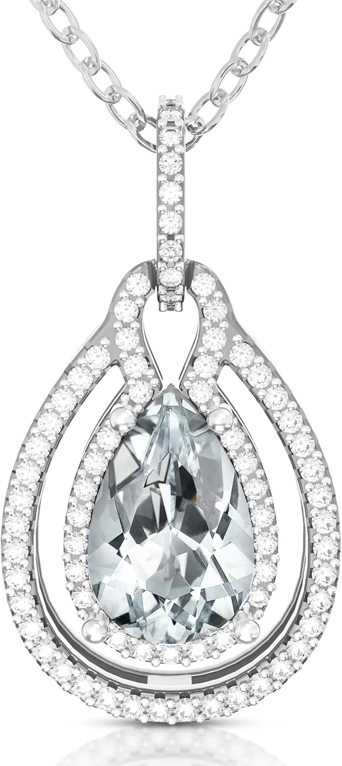 Birthstone Necklace For Women  Platinum Plated 925 Sterling Silver Teardrop Birthstones Pendants Necklaces, Womens Birth Stone Tarnish Free Jewelry, Gemstone Gift For Wife Mother Her