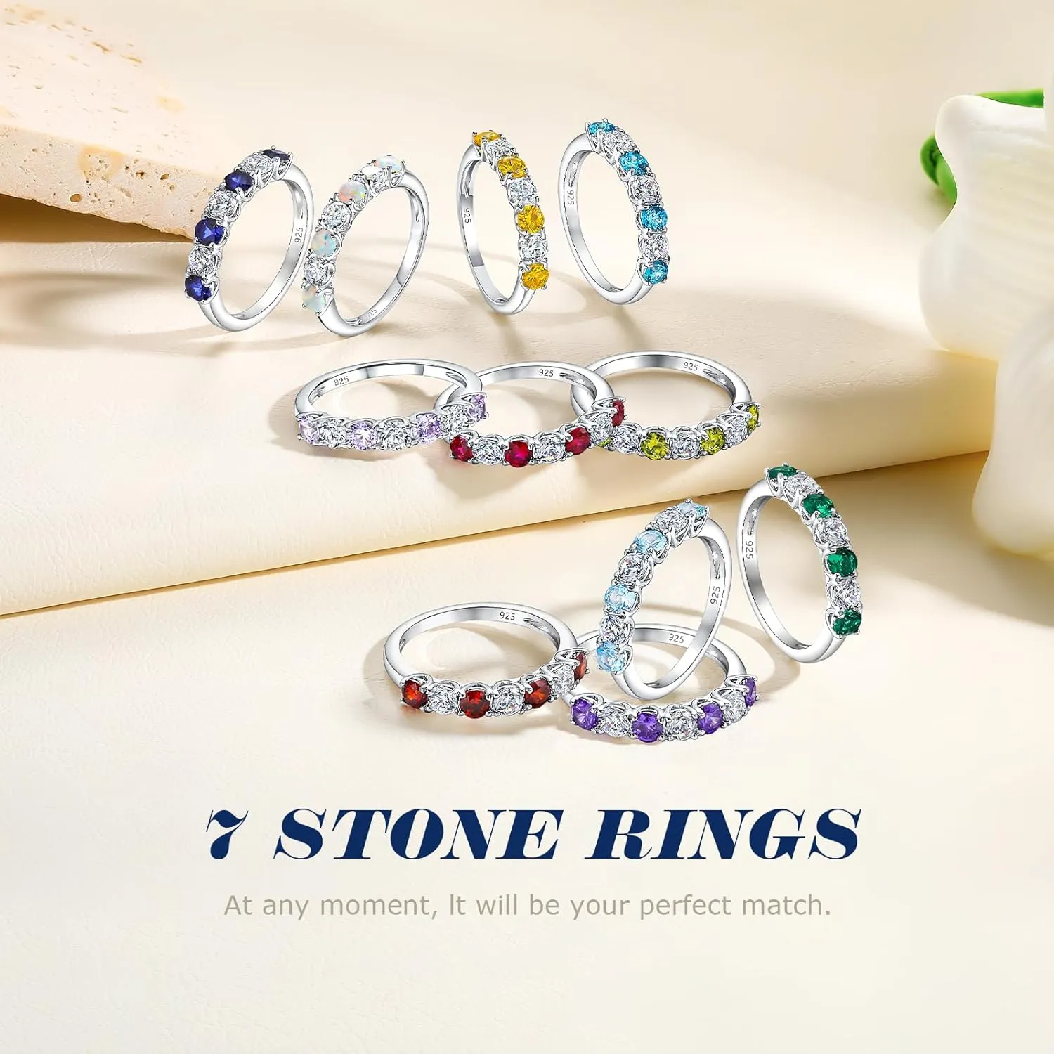 Birthstone Wedding Band Eternity Rings 925 Sterling Silver Rings Stackable Anniversary Engagement Rings Cubic Zirconia Inlaid Created Garnet/Amethyst/Sapphire Ring 7 Stone Ring, Size 6 to 10