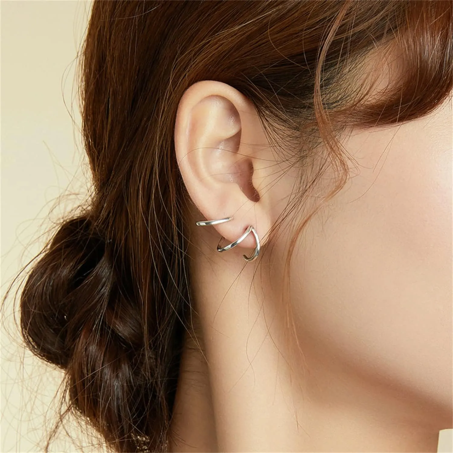 BISAER 925 Sterling Silver Triple Illusion Stud Earrings Double Huggie Hoop Earrings for One Hole Simple Trendy Claw Earring for Women Jewelry Gifts